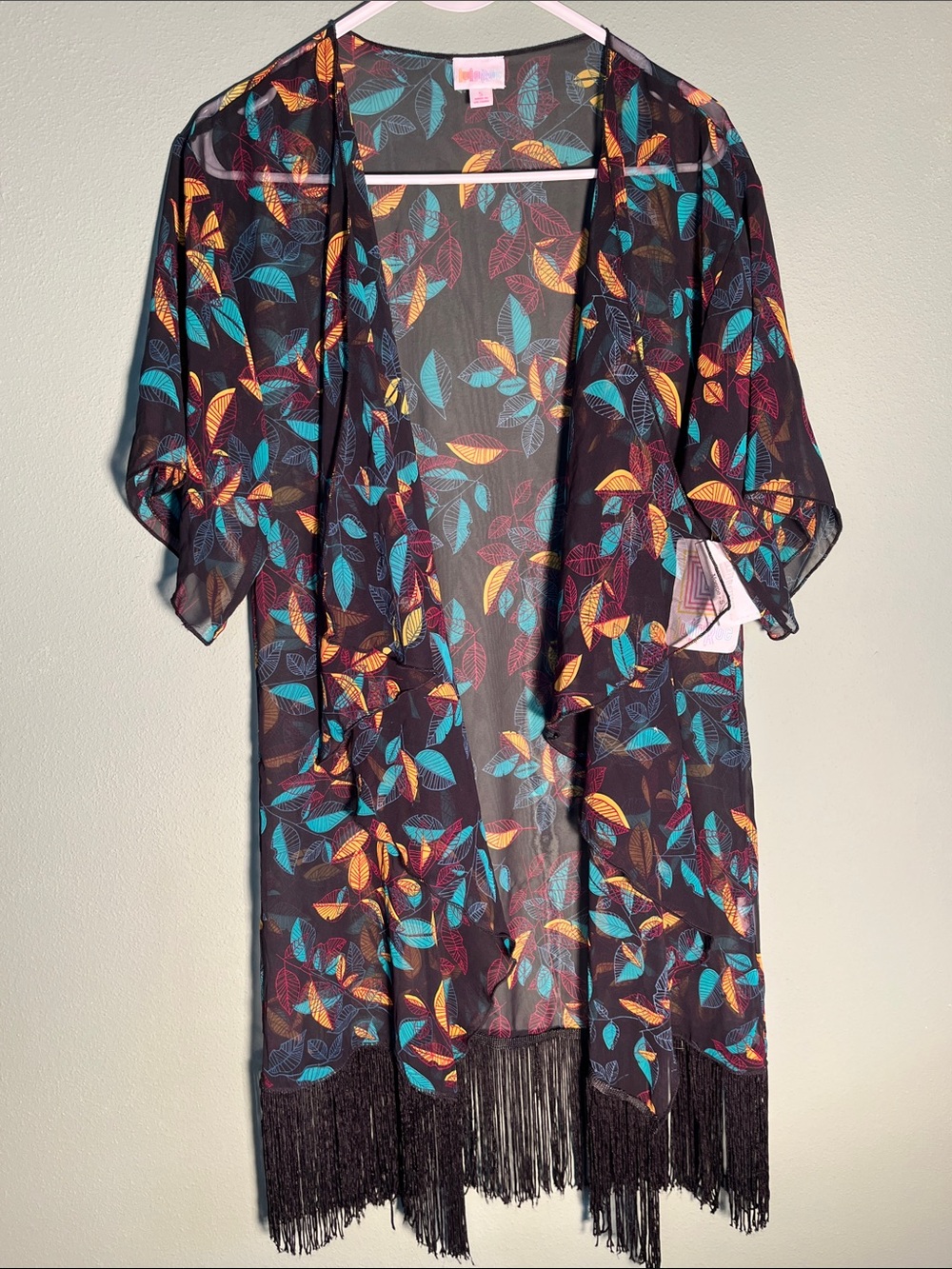 Lularoe Monroe-Leaf Print Sheer Fringe Kimono - Teal, Mustard, Burgundy on Black